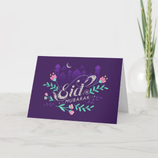 Cartes Pour Fêtes Annuelles Moubarak de l'Aïd avec fleurs, mosquées et lune