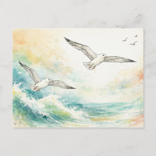 Cartes Pour Fêtes Annuelles Mouettes sereines sur vagues océaniques aquarelle