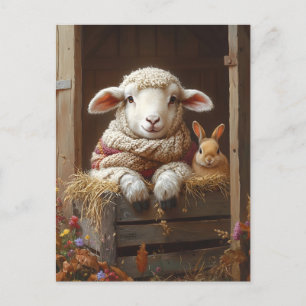 Cartes Pour Fêtes Annuelles Moutons et lapin douillets en Grange avec Fleurs