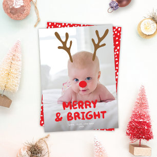 Cartes Pour Fêtes Annuelles MOVABLE/ÉDITABLE Antlers Rouge Nez Photo Noël
