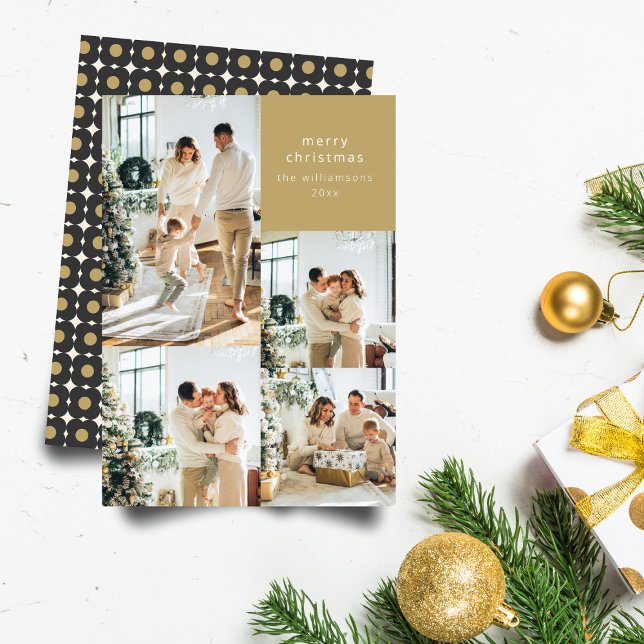 Cartes Pour Fêtes Annuelles Multi Photo Collage Retro Black Gold Noël (Créateur téléchargé)