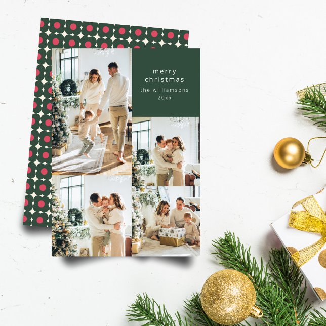 Cartes Pour Fêtes Annuelles Multi Photo Collage Retro Green Floral Noël (Créateur téléchargé)