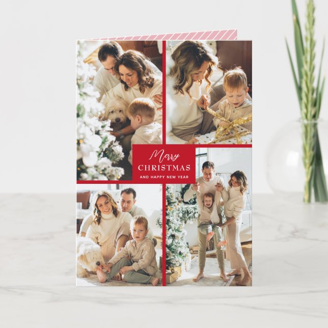 Cartes Pour Fêtes Annuelles Multiple Photo Merry Christmas Red Folded (Devant)