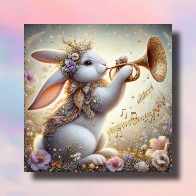 Cartes Pour Fêtes Annuelles Musical Bunny Horn Fleurs pastel Pâques (Créateur téléchargé)