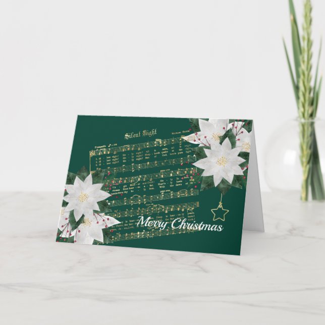 Cartes Pour Fêtes Annuelles Musique Gold White Poinsettia Silence Nuit Noël (Devant)