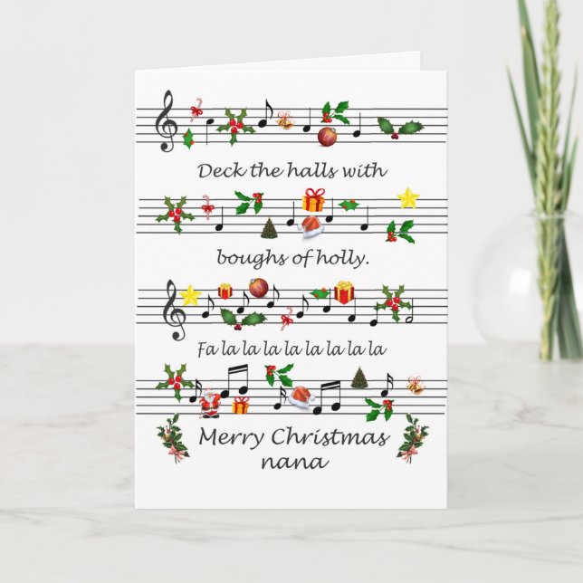 Cartes Pour Fêtes Annuelles Nana Feuille de Noël Musique Deck Les Halls (Devant)