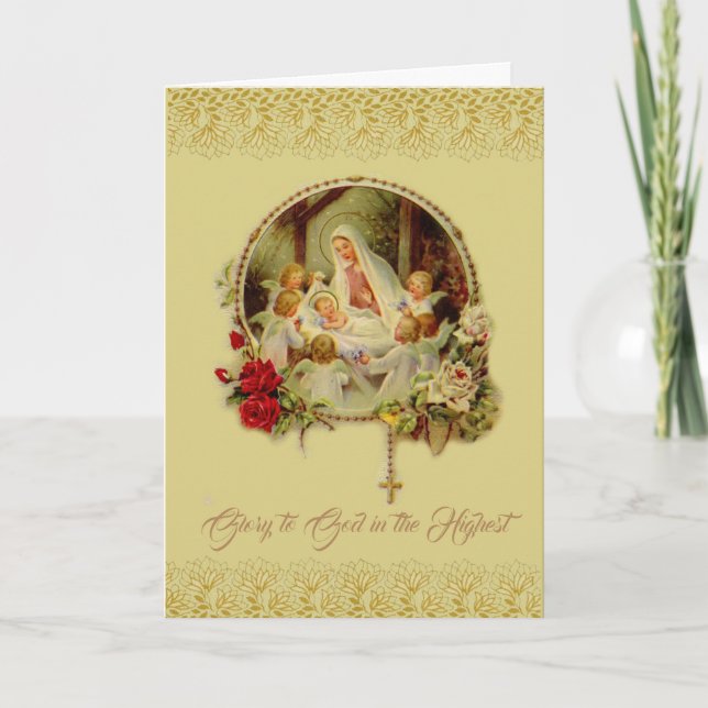 Cartes Pour Fêtes Annuelles Nativité Marie Jésus Rosaire Angles Roses Rouges (Devant)