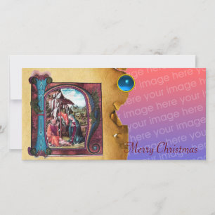 Cartes Pour Fêtes Annuelles NATIVITY MONOGRAM CHRISTMAS PARCHMENT Blue Gem