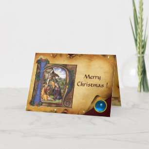Cartes Pour Fêtes Annuelles NATIVITY MONOGRAM CHRISTMAS PARCHMENT Blue Gem