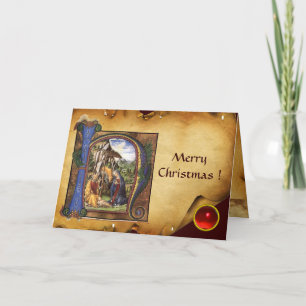 Cartes Pour Fêtes Annuelles NATIVITY MONOGRAM CHRISTMAS PARCHMENT Red Ruby Gem