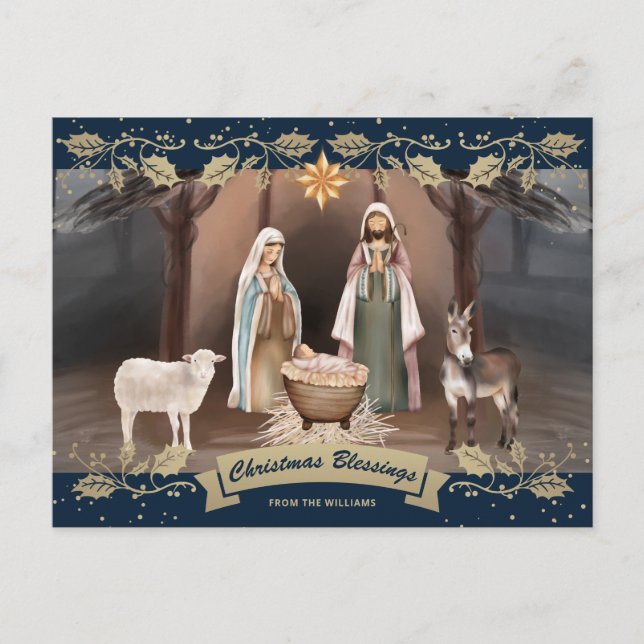 Cartes Pour Fêtes Annuelles Nativity Scene Blue Christian Christmas (Devant)