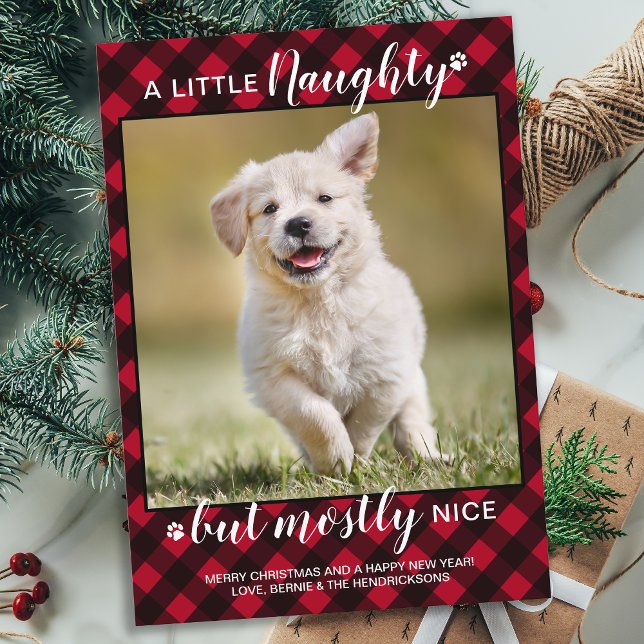 Cartes Pour Fêtes Annuelles Naughty Nice Personnalisé Rouge Plaid Chien Animal (Créateur téléchargé)