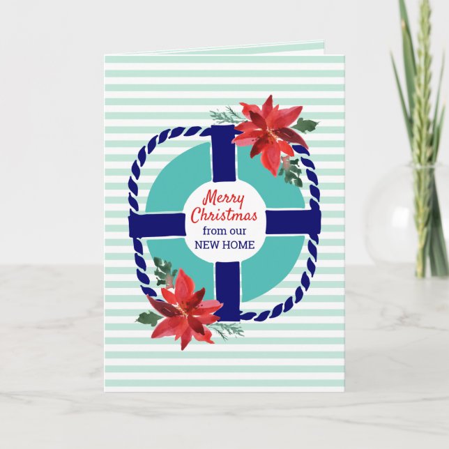 Cartes Pour Fêtes Annuelles Nautical Beachy Poinsettia Nouvelle adresse (Devant)
