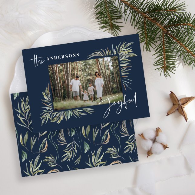 Cartes Pour Fêtes Annuelles Navy Bleu élégante photo botanique simple Noël (Créateur téléchargé)