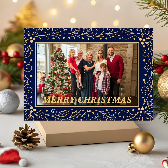 Cartes Pour Fêtes Annuelles Navy Blue & Antique-Gold Family Christmas Photo (Créateur téléchargé)
