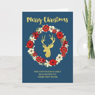 Cartes Pour Fêtes Annuelles Navy Blue Gold Deer Wreath Christmas New Address