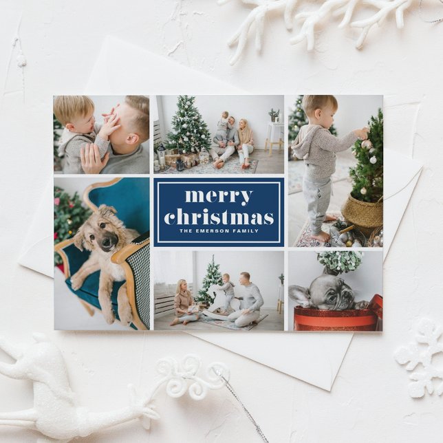 Cartes Pour Fêtes Annuelles Navy Blue Retro Joyeux Noël Photo Collage (Créateur téléchargé)