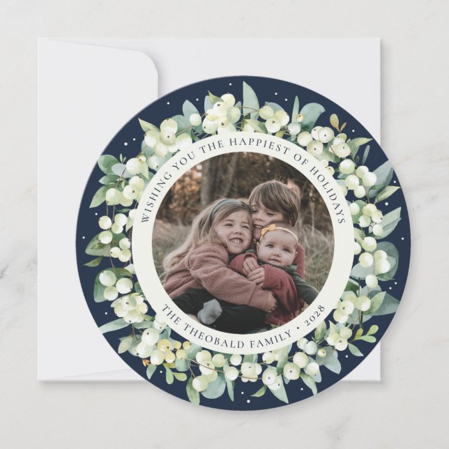 Cartes Pour Fêtes Annuelles Navy Rond/Carré Snowberry+Eucalyptus Photo (Devant)