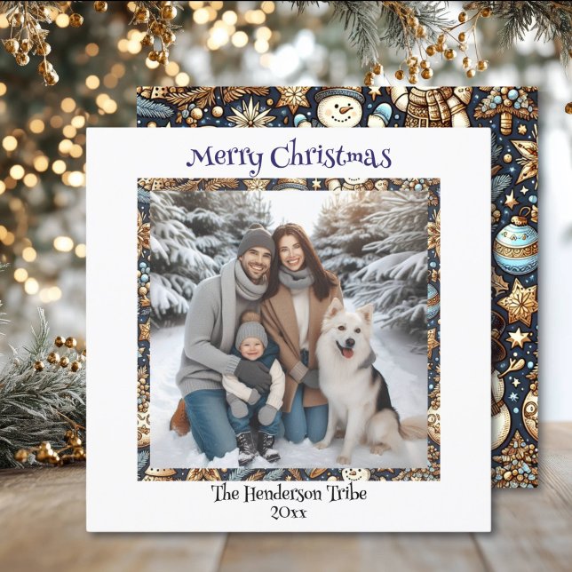 Cartes Pour Fêtes Annuelles Neige bleu et or | Photo famille Noël (Créateur téléchargé)