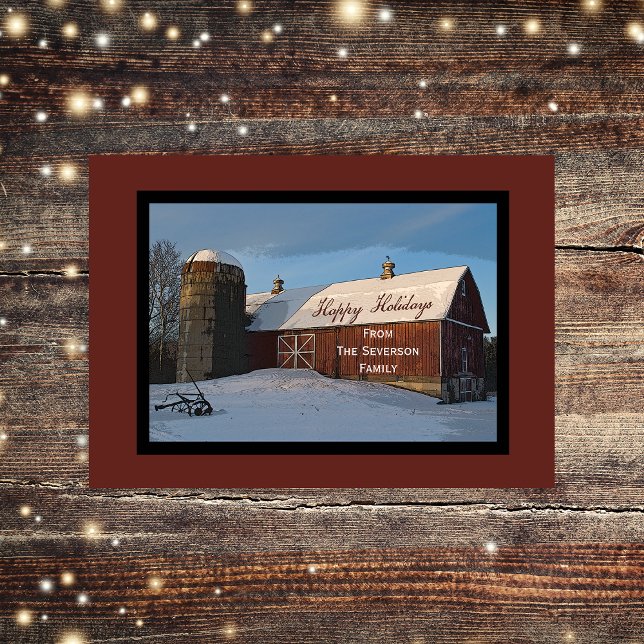 Cartes Pour Fêtes Annuelles Neige couverte Grange Rouge Joyeuses vacances Noël (Créateur téléchargé)