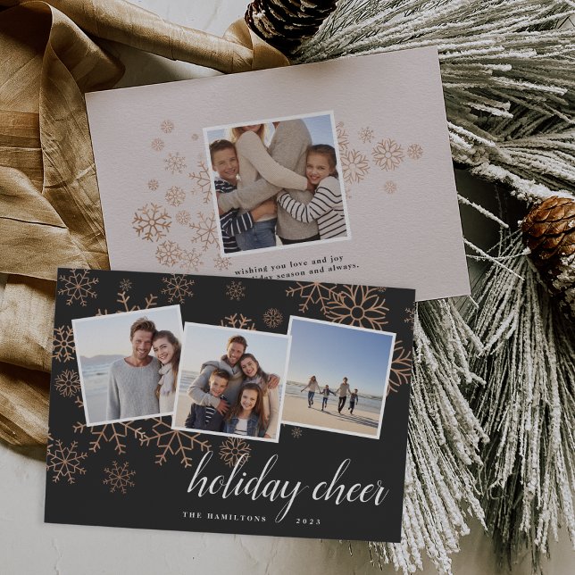 Cartes Pour Fêtes Annuelles Neige dorée| Collage photo Rose Gold Snowflake (Créateur téléchargé)