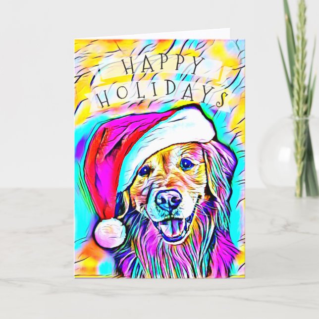 Cartes Pour Fêtes Annuelles Neon Bright Colonnes Noël Golden Retriever Art (Devant)