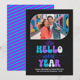 Cartes Pour Fêtes Annuelles Neon Ice Hello New Year Blue Retro Photo