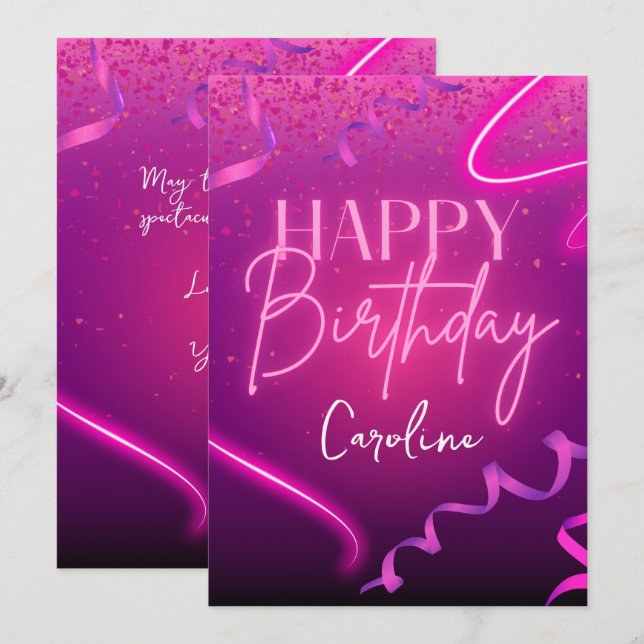 Cartes Pour Fêtes Annuelles Neon rose violet Confetti Joyeux anniversaire (Devant / Derrière)