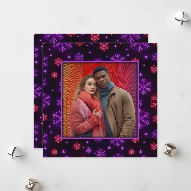 Cartes Pour Fêtes Annuelles Neon Snowflakes (Devant/Arrière en situation)