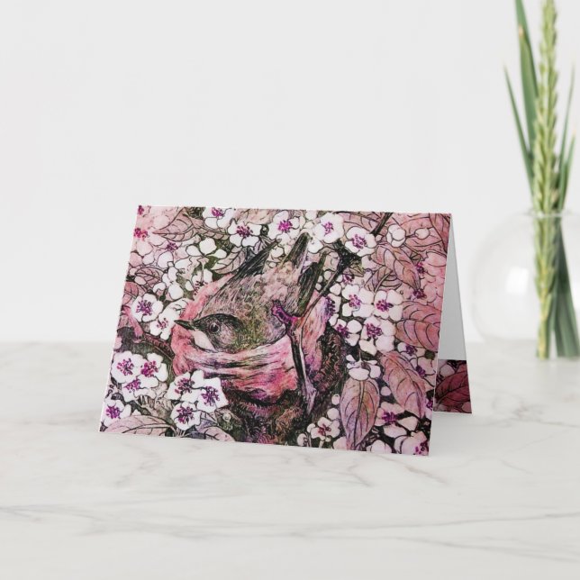 CARTES POUR FÊTES ANNUELLES NEST D'OISEAU, ARBRE AUX FLEURS DE PRINTEMPS ROUGE (Devant)