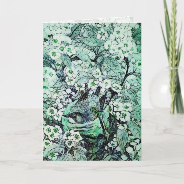 CARTES POUR FÊTES ANNUELLES NEST D'OISEAU, ARBRE AVEC FLEURS DE PRINTEMPS BLAN (Devant)