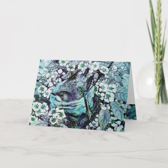 CARTES POUR FÊTES ANNUELLES NEST D'OISEAU, ARBRE AVEC FLEURS DE PRINTEMPS BLAN (Devant)