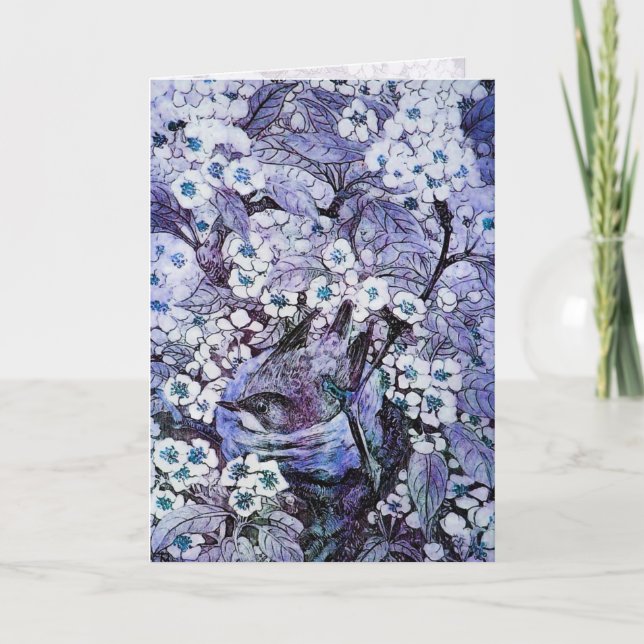 CARTES POUR FÊTES ANNUELLES NEST D'OISEAU, ARBRE AVEC FLEURS DE PRINTEMPS BLAN (Devant)