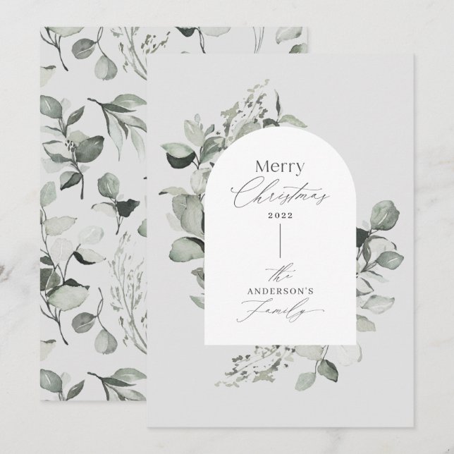 Cartes Pour Fêtes Annuelles Nettoyer moderne élégant botanique vert gris (Devant / Derrière)