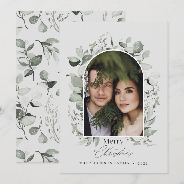 Cartes Pour Fêtes Annuelles Nettoyer moderne élégant botanique vert gris photo (Devant / Derrière)