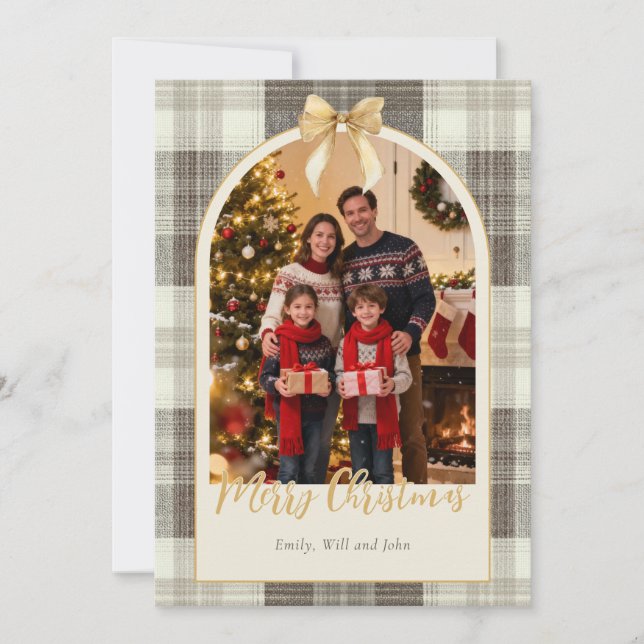 Cartes Pour Fêtes Annuelles Neutral Tartan Bow Christmas One Photo (Devant)