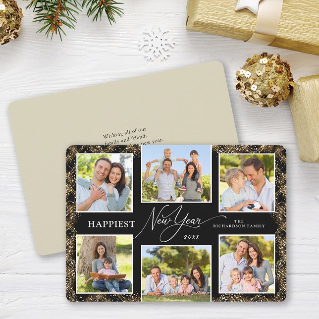 Cartes Pour Fêtes Annuelles New Year 6 Photos Message Faux Glitter (Créateur téléchargé)