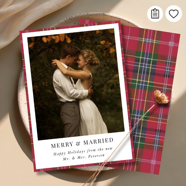Cartes Pour Fêtes Annuelles Newlywed Christmas Plaid Merry and Married Photo (Créateur téléchargé)