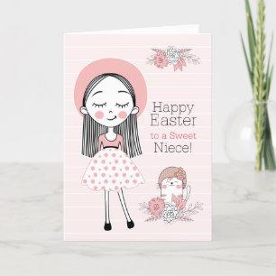 Cartes Pour Fêtes Annuelles Niece Girl and Cat en Pâques rose et noir