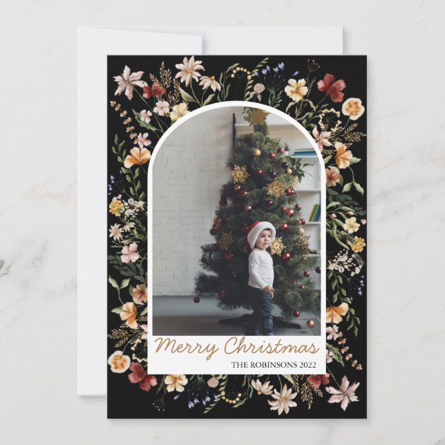 Cartes Pour Fêtes Annuelles Noël 1 Photo Arc Aquarelle Botanique Floral (Devant)