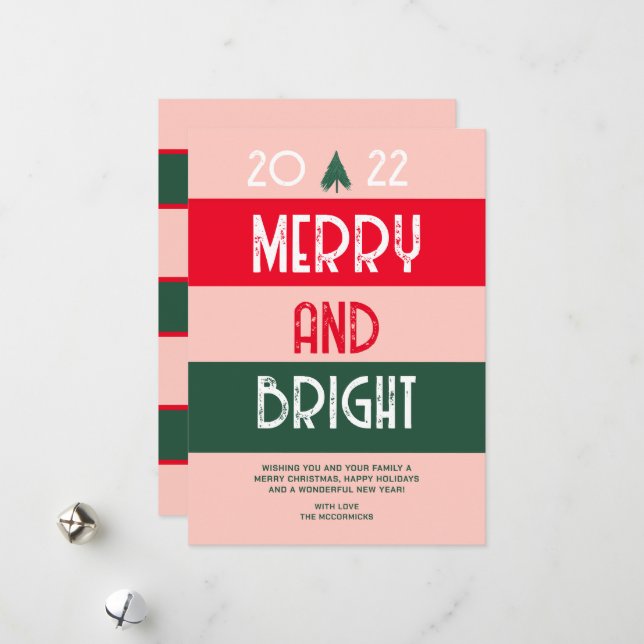 Cartes Pour Fêtes Annuelles Noël 2022 Retro Joyeux Et Rouge Rose Clair (Devant/Arrière en situation)