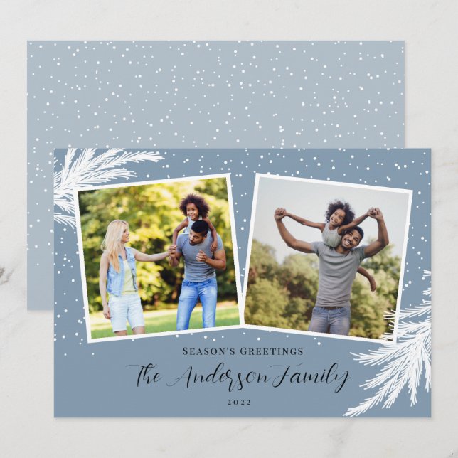 Cartes Pour Fêtes Annuelles Noël 2 Photos Script Neige Bleu (Devant / Derrière)
