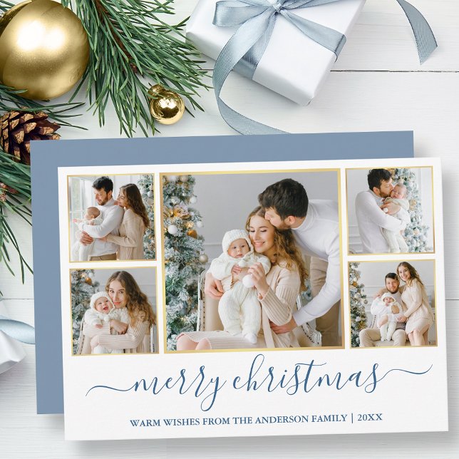 Cartes Pour Fêtes Annuelles Noël 5 Photo Calligraphie Dusty Blue Gold (Customize to add text to back of card.)