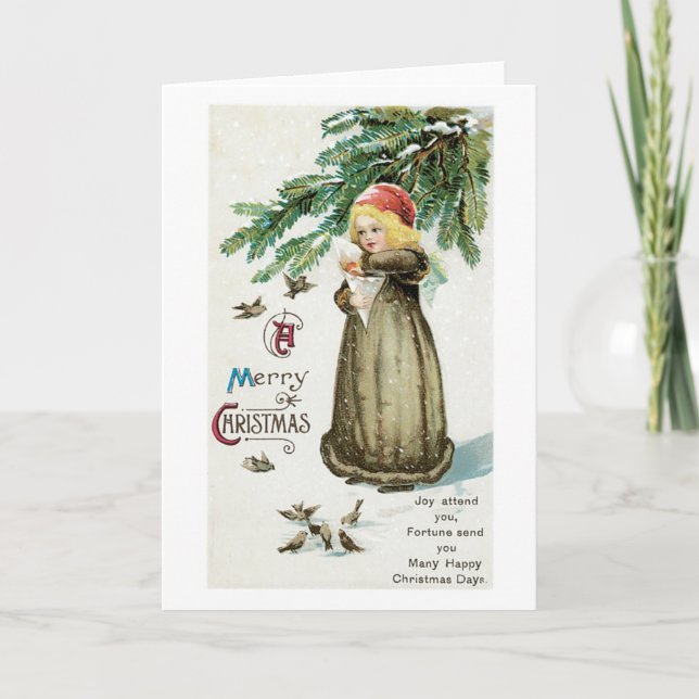 Cartes Pour Fêtes Annuelles Noël à l'ancienne, Fille aux oiseaux (Devant)