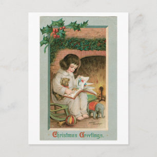 Cartes Pour Fêtes Annuelles Noël à l'ancienne, Fille avec ours en peluche