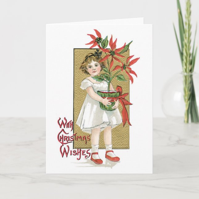 Cartes Pour Fêtes Annuelles Noël à l'ancienne, fille tenant Poinsettia (Devant)