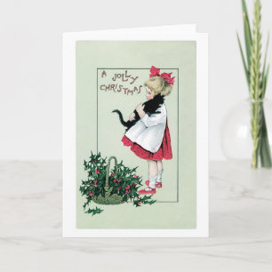 Cartes Pour Fêtes Annuelles Noël à l'ancienne, Fille tenant un chat noir