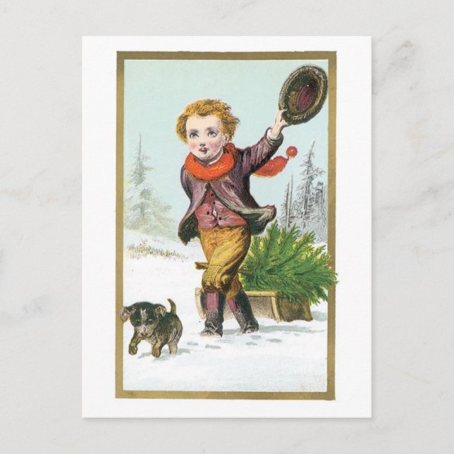 Cartes Pour Fêtes Annuelles Noël à l'ancienne, Garçon avec chiot (Devant)