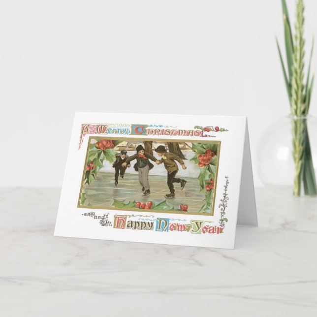 Cartes Pour Fêtes Annuelles Noël à l'ancienne, Patinoire de patinage (Devant)