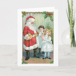 Cartes Pour Fêtes Annuelles Noël à l'ancienne, Père Noël avec filles